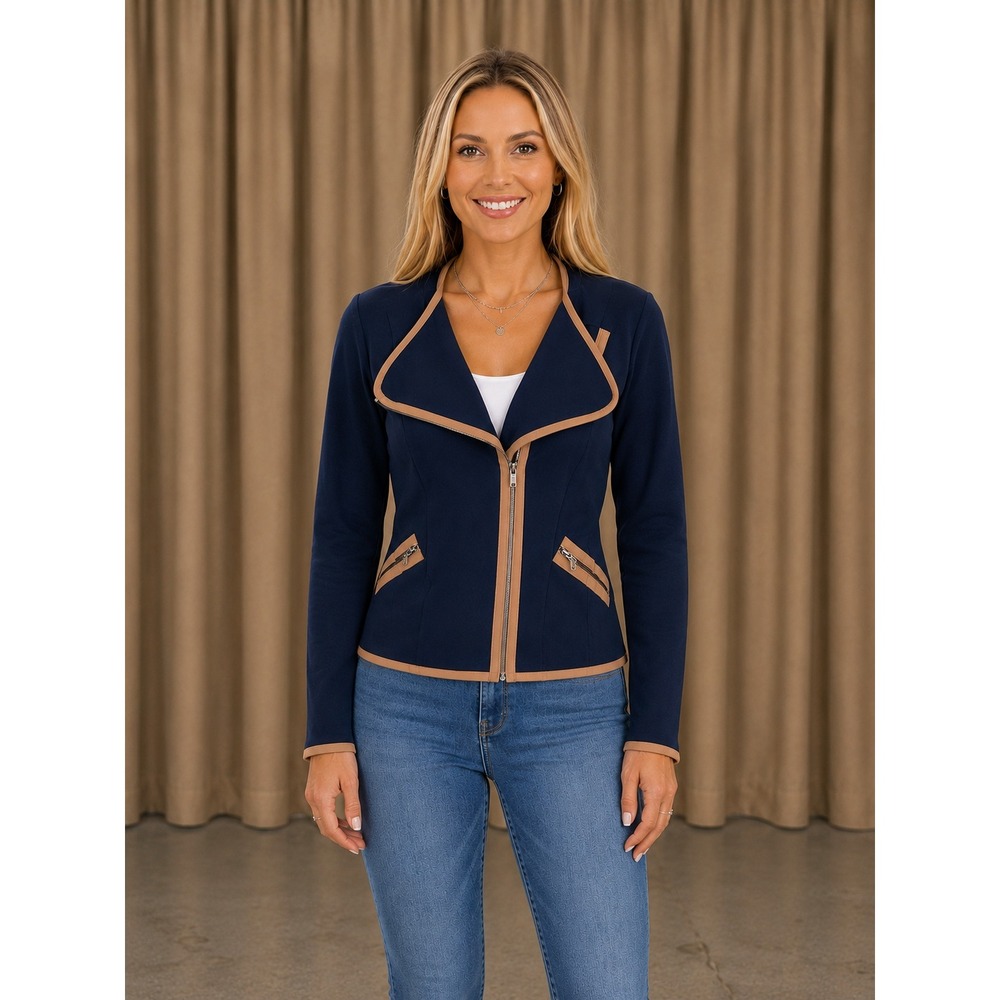 Cortefiel Knit Moto Jacket Blue/Tan Size 2 NWOT
